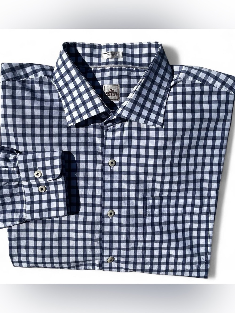 Men’s Peter Millar XX Dark Navy & White Gingham Dress Shirt.